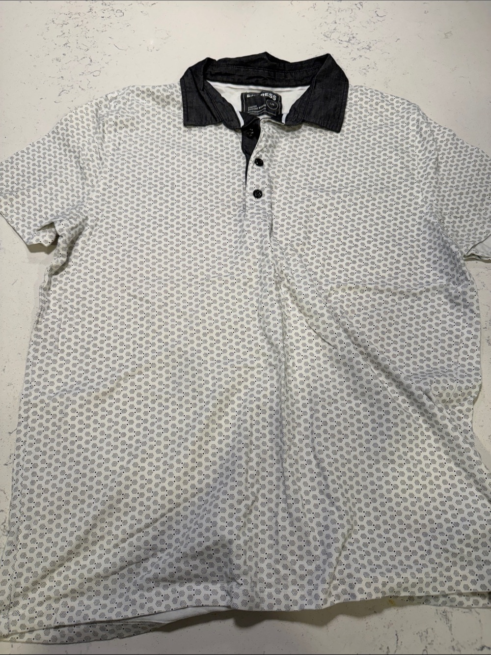 Express Men's White Polo with Black Collar and Subtle Gray Print